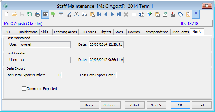 Staff Maintenance - Maint tab