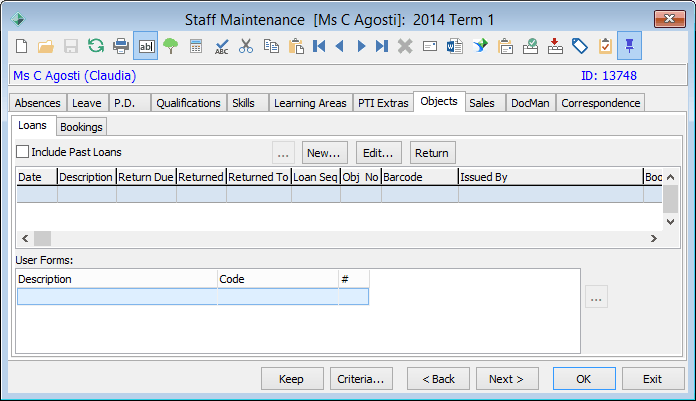 Staff Maintenance - Objects tab - Loans sub-tab