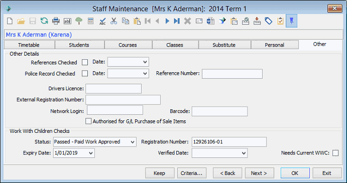 Staff Maintenance - Other tab