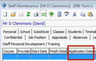 Staff Maintenance - PD tab (Application date highlighted))