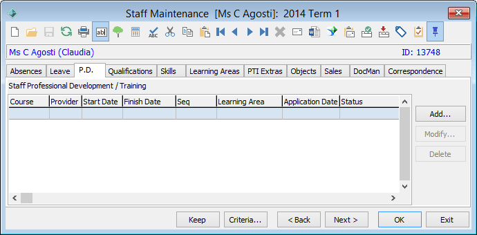 Staff Maintenance - P.D. tab