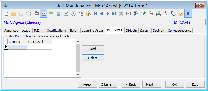 Staff Maintenance - PTI Extras tab