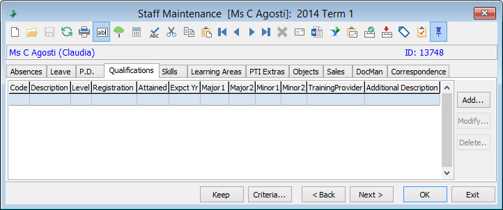 Staff Maintenance - Qualifications tab