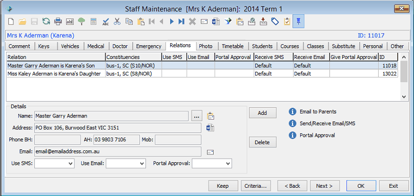 Staff Maintenance - Relations tab