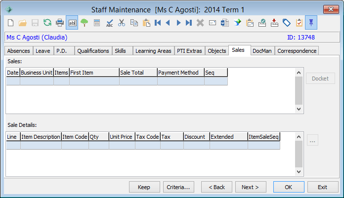 Staff Maintenance - Sales tab