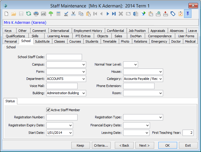 Staff Maintenance - School tab