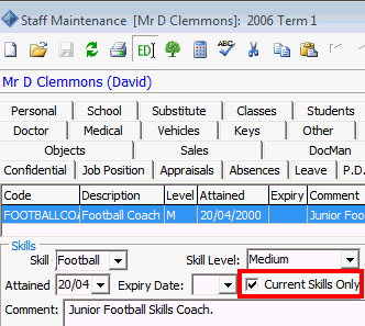 Staff Maintenance - Skills tab(cut down, current skills only highlighted)