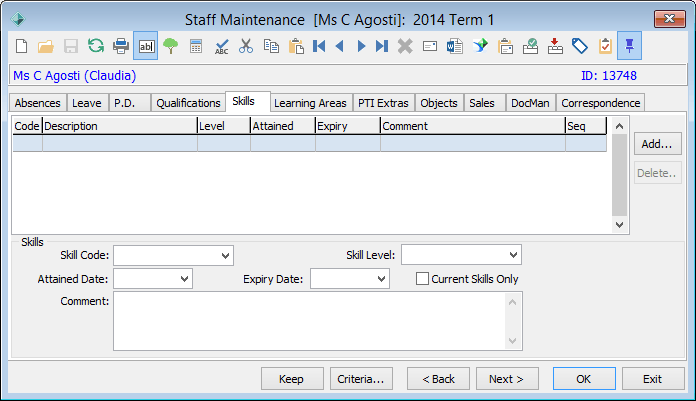 Staff Maintenance - Skills tab
