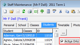 Staff Maintenance - Students tab (Active only highlighted)