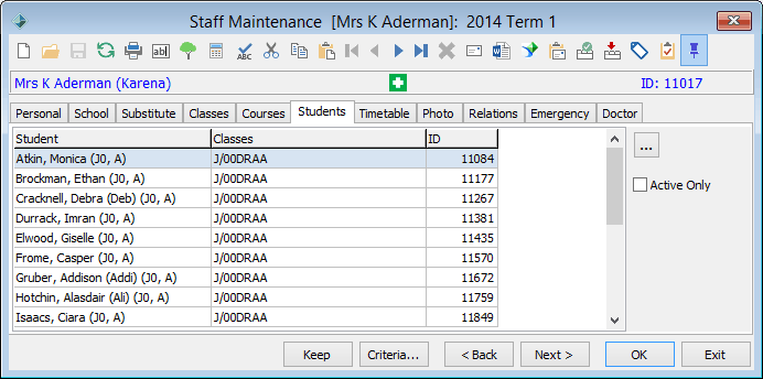 Staff Maintenance - Students tab