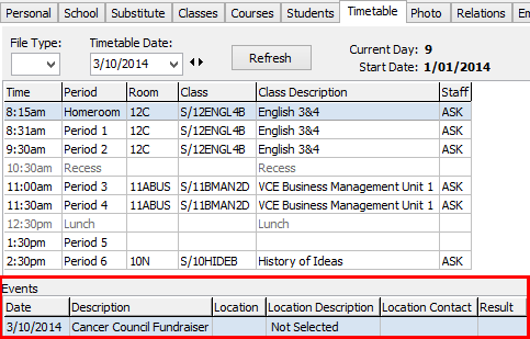 Staff Maintenance - Timetable tab (cut down, special event entry)