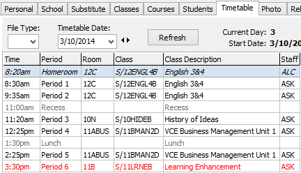 Staff Maintenance - Timetable tab (cut down)