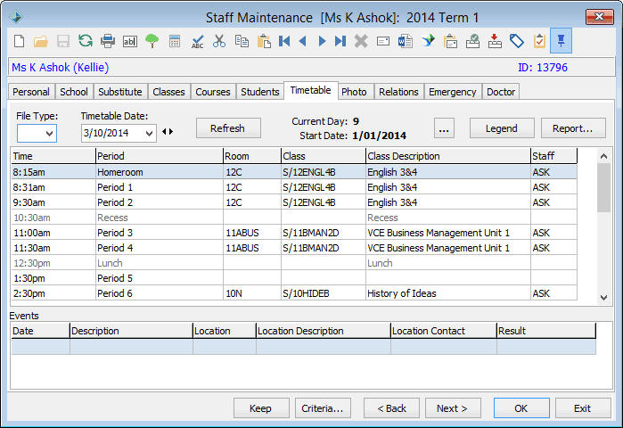 Staff Maintenance - Timetable tab