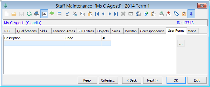 Staff Maintenance - User Forms tab