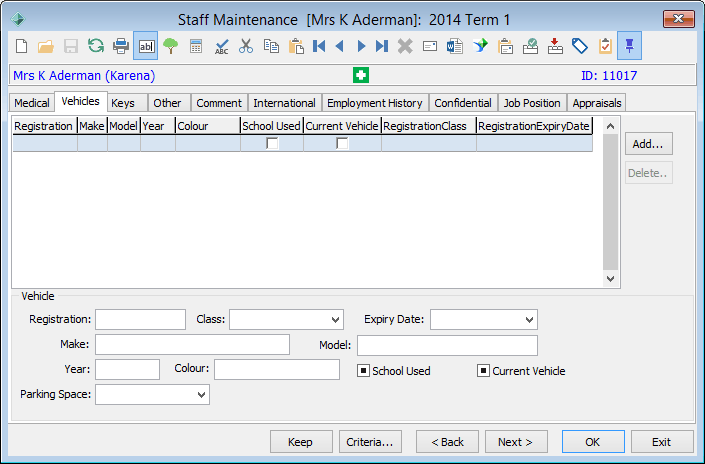 Staff Maintenance - Vehicles tab