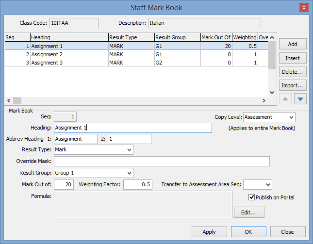 Staff Mark Book window (populated, linked example)