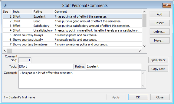 Staff Personal Comments window