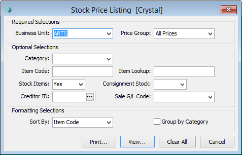 Stock Price Listing (report selections)