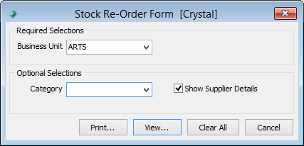 Stock Re-Order Form (report selections)