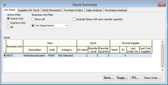 Stock Summary  - Low Stock tab