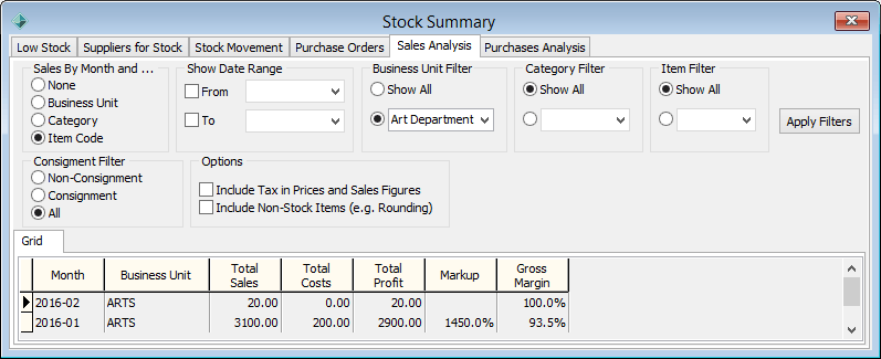 Stock Summary - Sale Analysis tab