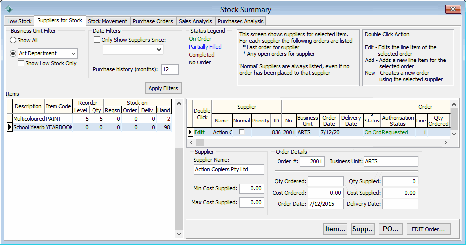 Stock Summary - Suppliers for Stock tab