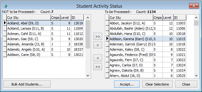 Student Activity Status window (populated)