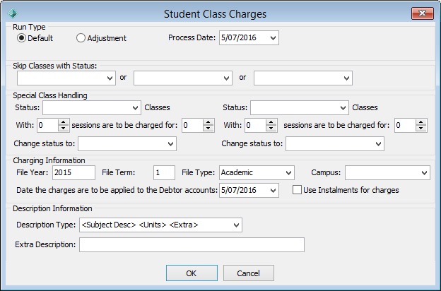 Student Class Charges window
