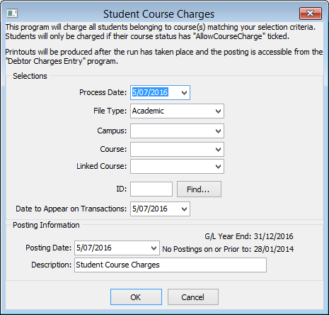 Student Course Charges window