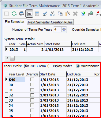 Student File Term Maintenance - File Semester tab (cut down)