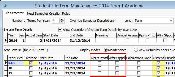 Student File Term Maintenance - File Semester tab (Rprts Prntd, Athr Stppd, wn66)