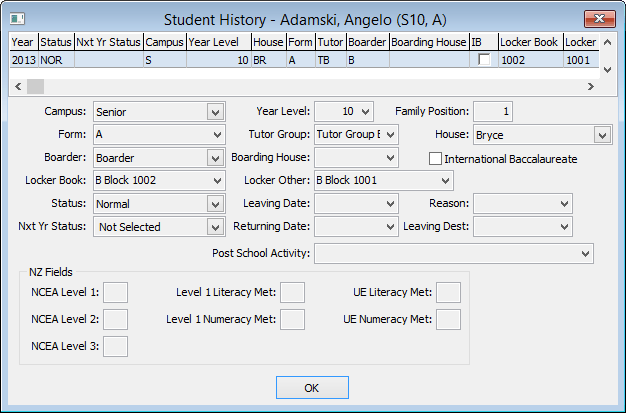 Student History window (cut down)