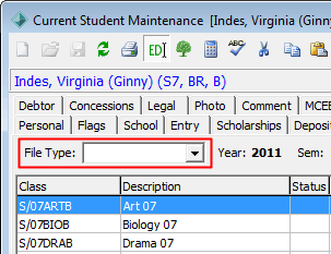 Student Maintenance - Classes tab (blank File Type highlighted, wn)