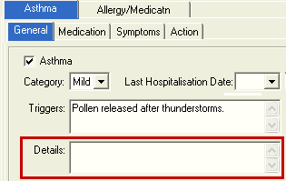 Student Medical - Asthma tab (Details field)