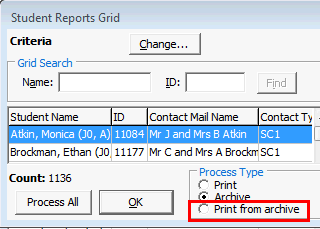 Student Reports Grid (print from archive highlighted)