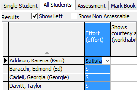 Student Results Maintenance - All Students tab (Entering results in bulk, after setting Effort field)
