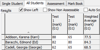 Student Results Maintenance - All Students tab (Force read only example)