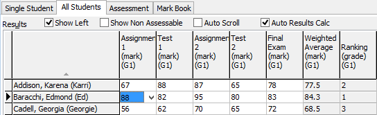 Student Results Maintenance - All Students tab (cut down)