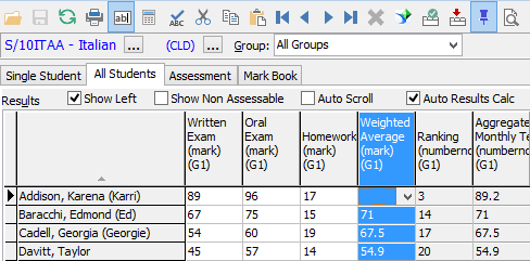 Student Results Maintenance - All Students tab (cut down)