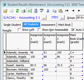 Student Results Maintenance - All Students tab (cut down)