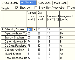 Student Results Maintenance - All Students tab (cut down)