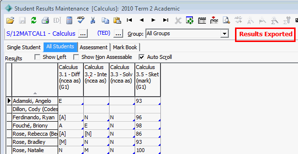 Student Results Maintenance - All Students tab (results exported)