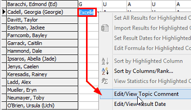Student Results Maintenance - All Students tab (right click, Edit View Topic Comment)