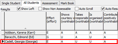 Student Results Maintenance - All Students tab (select student)