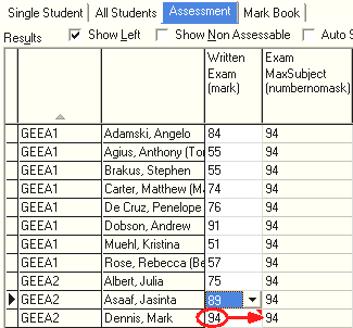 Student Results Maintenance - All Students tab (sfMaxSubject)