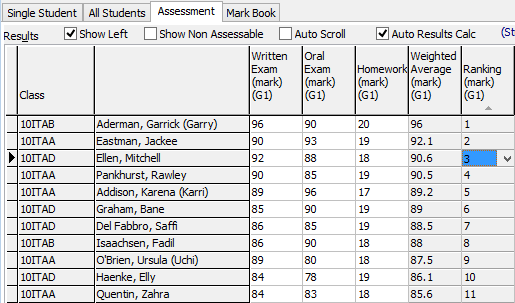 Student Results Maintenance - Assessments tab (Ranking example)