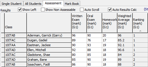 Student Results Maintenance - Assessments tab (Ranking example, @sfRankClassHighLow)