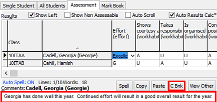 Student Results Maintenance - Assessment tab (C Bnk button)