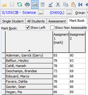 Student Results Maintenance - Mark Book tab (cut down)