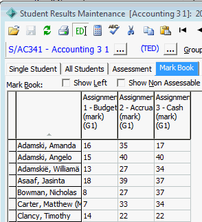 Student Results Maintenance - Mark Book tab (linked example)